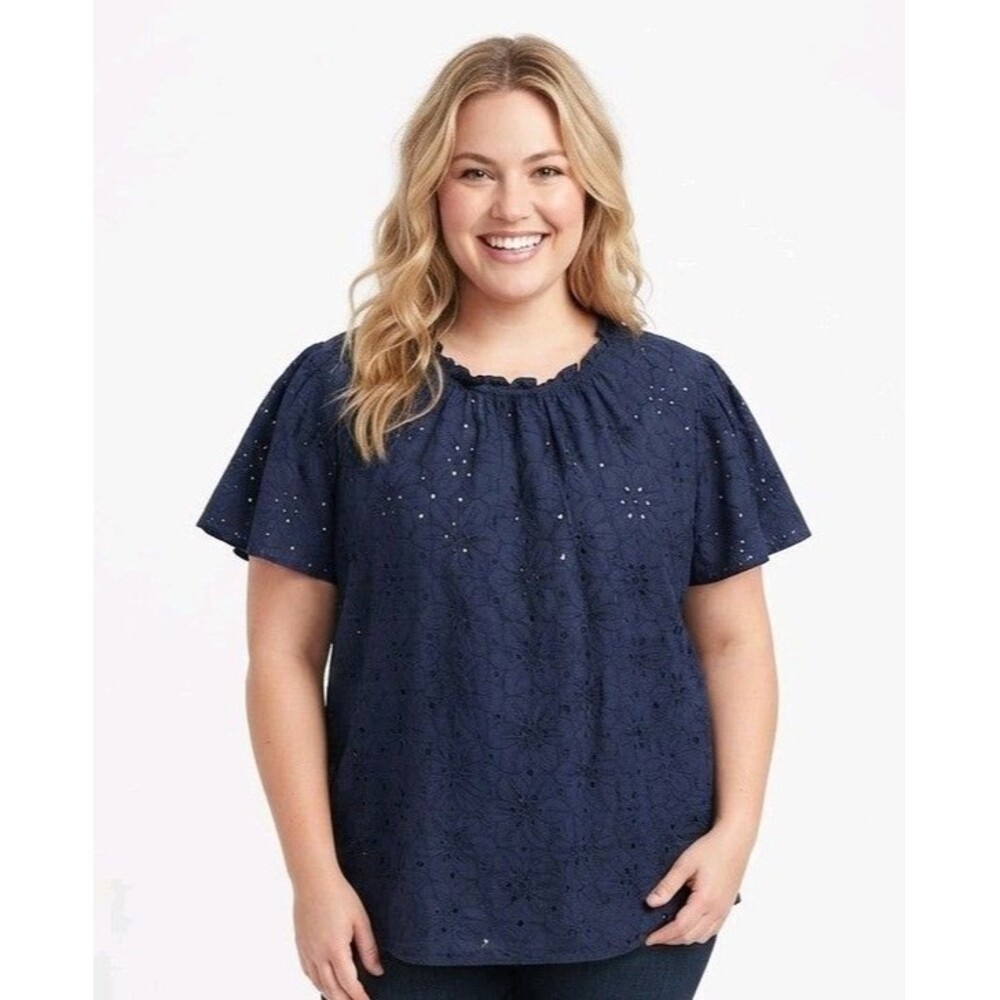 Lane Bryant Peasant Top Womens 26/28 Blue Eyelet Floral Peasant Flutter Slv